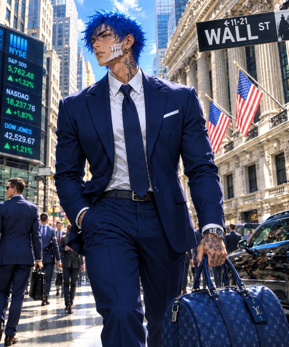 A blue-haired man with facial piercings and tattoos wears a navy business suit while standing near a "WALL ST" street sign, with an NYSE stock display in the background showing S&P 500 ▲1.32%, NASDAQ ▲1.87%, and DOW JONES ▲1.21%.