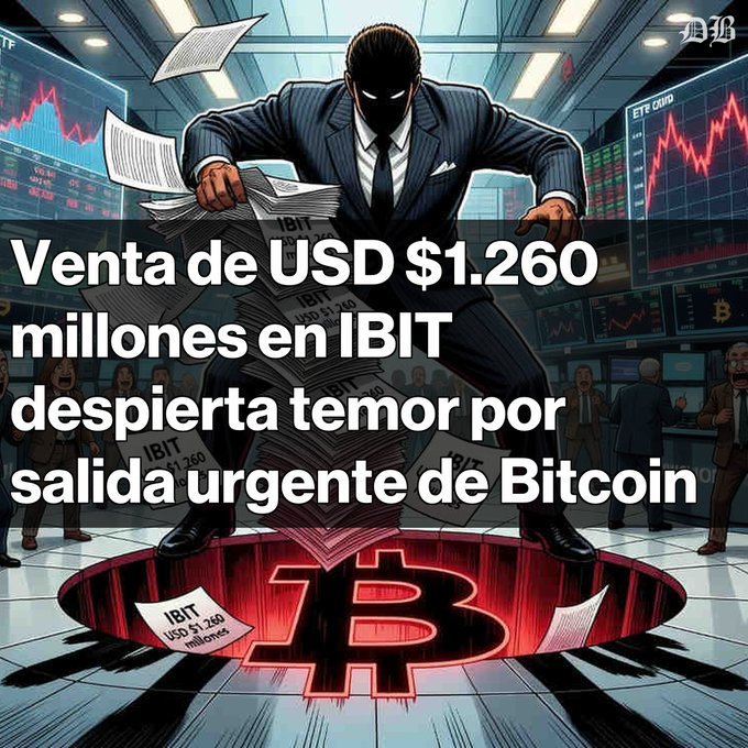 The image features a man dressed in a suit standing in front of stacks of money, with stacks of US dollar bills around him. The text near the bottom of the image reads "Venta masiva de USD $1.260 millones en IBIT, el ETF de Bitcoin de BlackRock, genera inquietud en el mercado. El vendedor asumió un costo de ejecución de USD $29,5 millones para lograr liquidez inmediata." The post is promoting Bitcoin and how people can use it to invest money online.