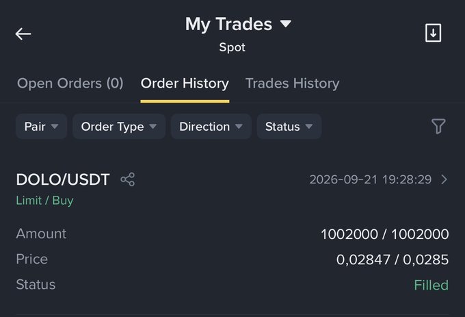 A Binance "My Trades" Order History screenshot showing a filled Limit Buy order for the DOLO/USDT pair at a price of 0,02847/0,0285 on 2026-09-21 19:28:29, confirming the purchase of DOLO mentioned in the post.