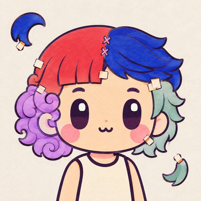 A cute anime-style digital illustration of a chibi character with multicolored hair (red, blue, purple, and teal), bandages, and pink cheeks, with detached hair tufts floating around them on a plain background.