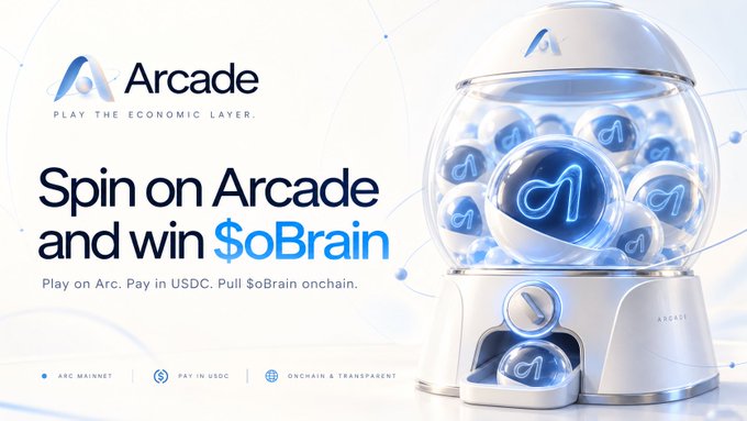 An advertisement for 'Arcade' features a 3D gumball machine filled with tokens, with text promoting 'Spin on Arcade and win $oBrain' and playing in USDC on Arc.