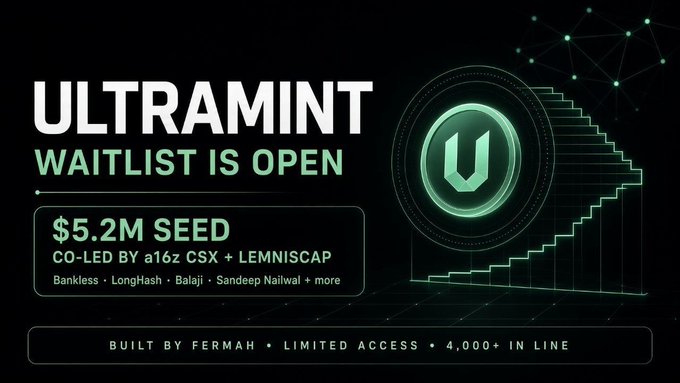 A promotional graphic for 'ULTRAMINT' announcing an open waitlist, featuring a $5.2M seed funding round co-led by a16z CSX and Lemniscap, noting it is built by Fermah.