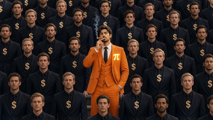 A man in an orange suit with a 'π' (pi) symbol smokes a cigarette while surrounded by a crowd of identical men in black suits with '$' symbols on their chests.