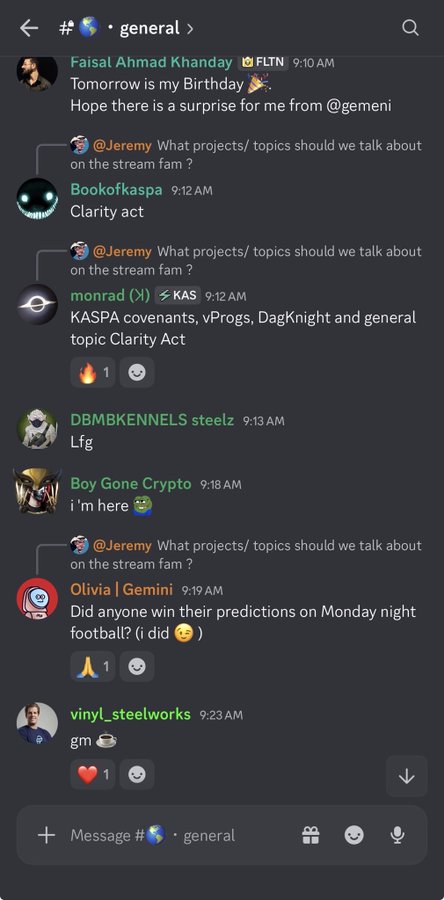 The image shows a Discord chat in the "#general" channel, where users are responding to a prompt asking what projects/topics should be discussed on a stream. The accompanying post highlights a crypto billionaire (likely Mark Yusko) who screenshotted this Discord to spotlight $KAS (Kaspa) and DAGKnight, the first proof-of-work consensus protocol resilient to up to 50% attackers. Notable replies include monrad (✗) mentioning "KASPA covenants, vProgs, DagKnight and general topic Clarity Act," along with users like Faisal Ahmad Khanday, Bookofkaspa, DBMBKENNELS steelz, Boy Gone Crypto, Olivia | Gemini, and vinyl_steelworks greeting with "gm," reinforcing the bullish community discussion around Kaspa and its upcoming technologies.