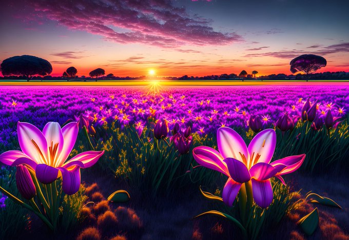 A vivid landscape shows a sunset over a wide field of purple and pink flowers, with large glowing blossoms in the foreground and dark trees along the horizon.