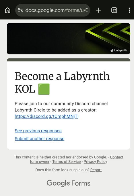 A Google Forms page titled 'Become a Labyrinth KOL' inviting users to join the Labyrinth Circle Discord channel via an invite link.