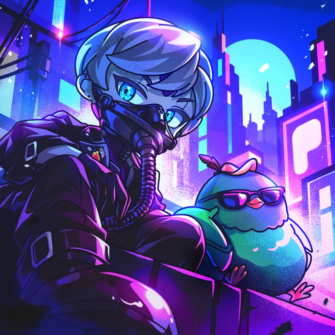 A vibrant, cyberpunk-style digital illustration showing a person with silver hair and a gas mask holding a teal bird wearing sunglasses, set against a neon-lit cityscape.