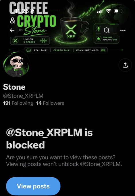 The image shows a Twitter/X profile page for @Stone_XRPLM, a crypto-themed account with "Coffee & Crypto" branding featuring an XRP mug, displaying "191 Following 14 Followers" with a skull avatar, and prominently showing a message that "@Stone_XRPLM is blocked" with a "View posts" button. This relates to the accompanying post warning about an impersonator account pretending to be the real @Stone_XRPLM, which the original account holder is alerting followers to report and block.