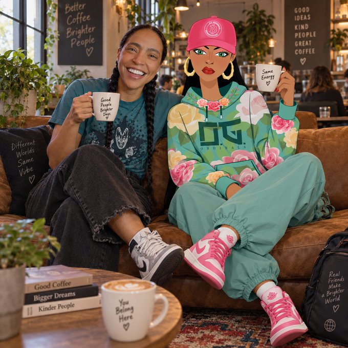 A woman sits on a brown leather couch next to an animated, stylishly dressed female character wearing a pink cap, floral DG hoodie, and pink Jordan sneakers; both hold coffee mugs with sayings like "Good People Brighter Days" and "Same Energy" in a cafe setting with signs reading "Better Coffee Brighter People" and "GOOD IDEAS KIND PEOPLE GREAT COFFEE".