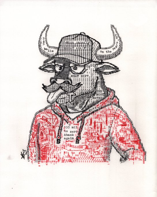 A hand-drawn illustration on lined paper depicts a horned figure wearing a backwards cap and red hoodie, created entirely from newspaper text clippings with visible phrases like "WHAT DIP?", "THE MOST HATED," and "BULLISH," along with stock ticker-style numbers scattered throughout the red hoodie. The artwork likely relates to the post by referencing financial/trading slang ("dip," "bullish," "ticker numbers") woven into a stylized character portrait, suggesting the artist @mallowdotart creates crypto or trading-themed art.