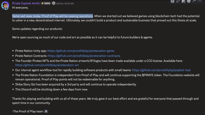 A Discord message from 'Pirate Captain Amitt' announcing that Proof of Play is ceasing operations, with links to open-source GitHub repositories for their games and contracts.