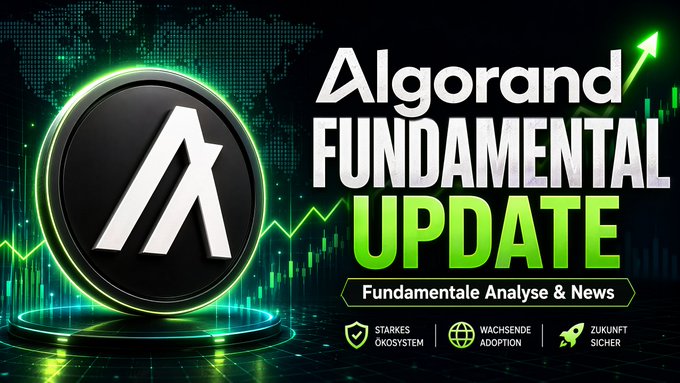 A promotional graphic for 'Algorand FUNDAMENTAL UPDATE' with text in German including 'Fundamentale Analyse & News', 'STARKES ÖKOSYSTEM', 'WACHSENDE ADOPTION', and 'ZUKUNFT SICHER', along with the Algorand logo and a green stock chart.