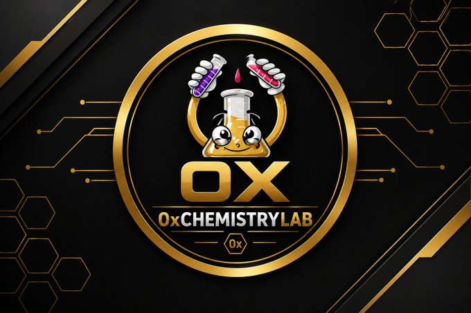 A logo for "Ox CHEMISTRY LAB" (0x) features a cartoon chemistry flask with a smiling face, holding test tubes, set within an ornate gold circular emblem on a black hexagonal pattern background.