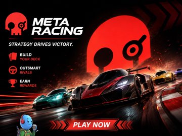 Promotional graphic for 'Meta Racing' with the tagline 'Strategy Drives Victory,' featuring race cars and options to 'Build Your Deck,' 'Outsmart Rivals,' and 'Earn Rewards,' with a 'Play Now' button.