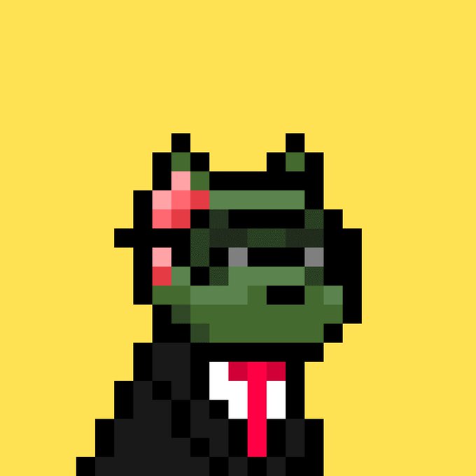 A pixelated retro portrait of a green-skinned figure with red eyes and a black suit with a red tie, set against a yellow background.