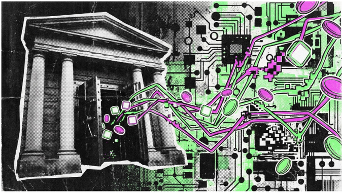 A stylized collage featuring a classical building with columns on the left merging with green circuit board patterns and pink/magenta technological nodes spreading across the right side.