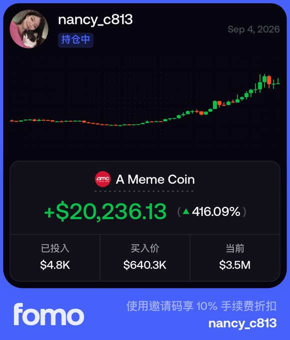 A Fomo trading screenshot shows user "nancy_c813" with a meme coin position up +$20,236.13 (416.09%), showing invested $4.8K, buy price $640.3K, and current $3.5M.