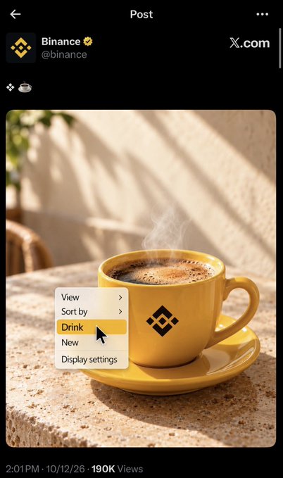 A Binance post with 190K views features a steaming yellow coffee cup branded with the BNB Chain logo, overlaid with a "Drink" option highlighted in a context menu, cleverly tying into the $BREW token mention and the "BNB Chain run" reference.