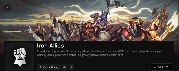 A webpage banner for 'Iron Allies', a gated Web3 community on the X platform, showing an 'ENROLLED' status with illustrations of armored samurai-style figures.