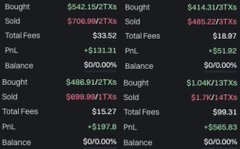 A trading or portfolio statistics screen displays multiple columns of financial data including Bought, Sold, Total Fees, PnL, and Balance figures in both positive and negative green and red values.