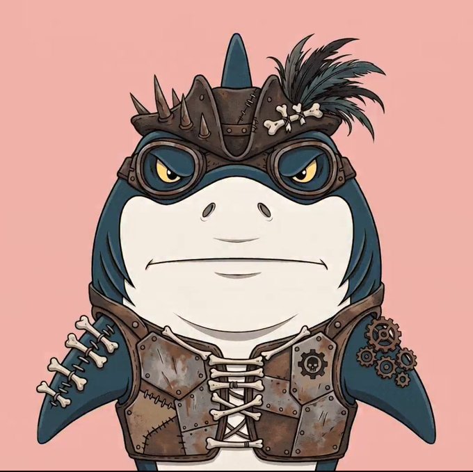 A digital illustration of a blue and white shark-like character wearing a spiked helmet with feathers, goggles, and a brown steampunk-style leather vest with bone lacing, set against a pink background.
