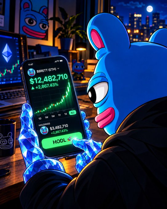 An illustration of a blue cartoon character looking at a smartphone displaying cryptocurrency prices, showing '$BRETT (ETH)' at $12,482,710 with a +2,867.43% gain.