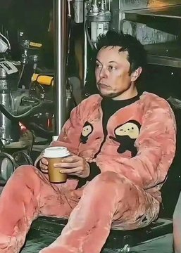 A man resembling Elon Musk sleeps while sitting upright, curled up and clutching a coffee cup, wearing a pink fuzzy onesie adorned with cartoon characters. The image aligns with the post's depiction of Musk working exhaustively through the 2018 Model 3 production hell, napping amid the chaotic factory environment.