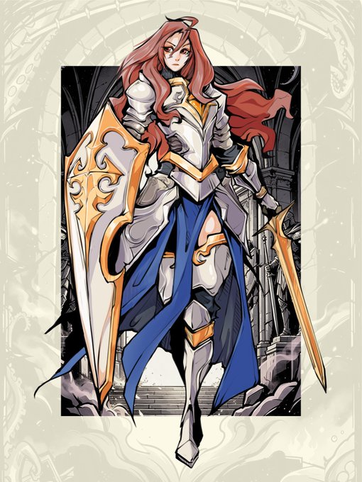 A red-haired warrior clad in ornate silver and gold armor stands confidently with shield and sword in a gothic hall, embodying the dark fantasy tone of Dungeon Saga—the Web3 gaming project referenced in the post. The character art visually reinforces the post's mention of the project's lore-driven, medieval-inspired worldbuilding.