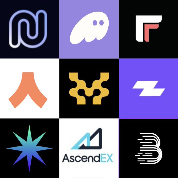 A 3x3 grid displaying various cryptocurrency and wallet brand logos, including Phantom, a ghost icon, Fantom (F), an orange tent-like symbol, a yellow emblem, Zilliqa (Z), a blue star, AscendEX, and a stylized "B" logo. The image accompanies an article discussing the Phantom wallet icon and the end of support for Monad, illustrating the diverse ecosystem of wallet and crypto branding.