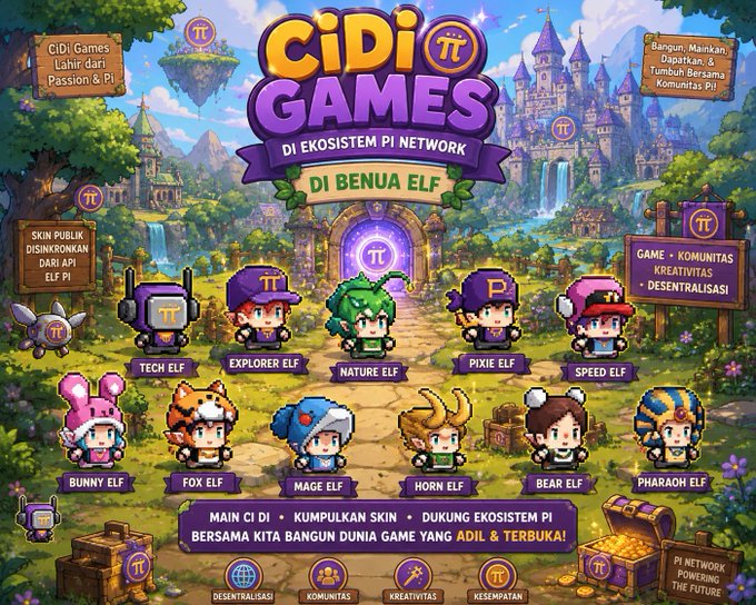 ids of game characters are displayed on a poster for "CIDI-PI-GAMES" game, featuring a castle and waterfall backdrop with various characters.