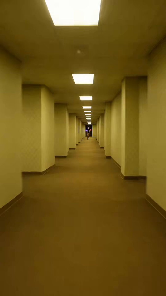 The image shows a long hallway with tan walls, long white columns, and a carpeted floor. There are two people walking down the hallway, one of them carrying a backpack. The hallway appears to be empty apart from these two individuals. The caption "PulseChain Backrooms" suggests that this hallway might be part of a larger building or facility where Pulse Chain operates its offices.