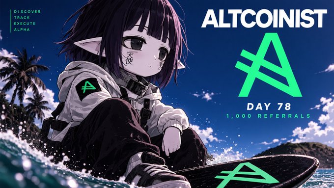 An anime-style illustration for 'ALTCOINIST' featuring a purple-haired elf character in a white hoodie with a green 'A' logo, surfing with 'DAY 78 - 1,000 REFERRALS' text.