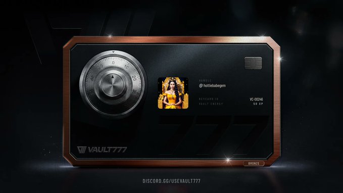 A sleek Vault777 membership card with a bronze trim and combination dial displays the handle "@bottlebabeegem" in the "Bronze" tier with ID "VC-00248," promoting the Vault Cards launch where users claim and share cards to activate their tier status.