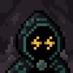 A pixel art illustration of a hooded figure in dark green robes with glowing yellow eyes set against a dark starry background.