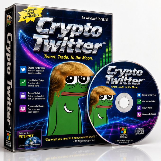 A mock retro software box for 'Crypto Twitter - Tweet. Trade. To the Moon.' designed for Windows 95/98/NT, featuring a green Pepe-style frog with a blonde hairstyle, listing features like 'Crypto Twitter Feed' and 'Secure Wallet' alongside a CD-ROM disc.