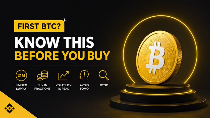 This image provides a checklist for first-time Bitcoin buyers, highlighting key considerations like "LIMITED SUPPLY" (21M), "BUY IN FRACTIONS," and "VOLATILITY IS REAL." A large, golden Bitcoin coin is prominently displayed, symbolizing the cryptocurrency.
