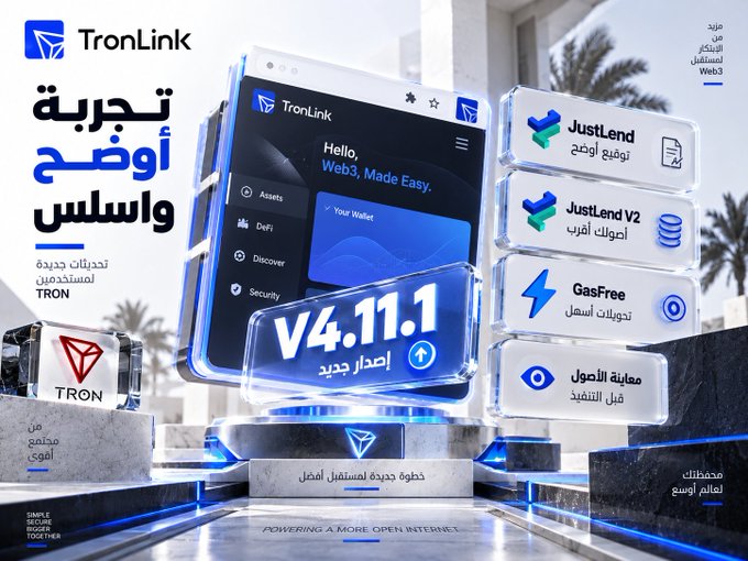 The image is a promotional graphic for **TronLink**, highlighting the release of its browser extension version **V4.11.1**. It features a 3D rendering of the TronLink wallet interface displayed on a transparent screen, surrounded by feature cards for JustLend, JustLend V2, GasFree, and enhanced transaction signing, with Arabic text emphasizing a clearer and smoother user experience. The graphic aligns with the announcement of focused UX improvements for DeFi, transfers, and smart contract interactions within the **TRON** ecosystem, conveying the tagline "Powering a more open internet."