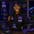 The image features a smiling anime-style character wearing a purple cap with the "DAC" logo, set against a tech-themed background with product displays of "DAC" and "Crypto Hardware Wallet" items, visually representing the @dac_chain testnet staking activity mentioned in the post about staking 0.1 DACC and earning various rewards.