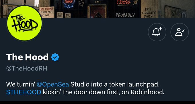 The image shows the Twitter/X profile of "The Hood" (@TheHoodRH), featuring a bright neon green circular logo with a stylized "Hood" design against a backdrop of graffiti-covered walls with signs like "BAR SPECIALS" and "EXIT LIQUIDITY DAILY." The bio states "We turnin' @OpenSea Studio into a token launchpad. $THEHOOD kickin' the door down first, on Robinhood," which aligns with the accompanying post about the $THEHOOD project launching on Robinhood chain with a supply of 1,994 and a mint price of 0.0052 ETH that delivers 500,000 tokens per mint.