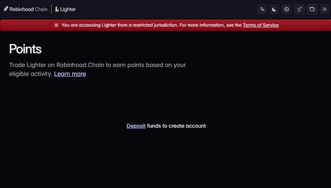 The image shows the "Points" page of Lighter on Robinhood Chain, displaying a notice about restricted jurisdiction access and a prompt to "Deposit funds to create account." This relates to Robinhood's recently launched PerpDex clone of Lighter on a new network, which includes a points program similar to Lighter's previous generous airdrop distribution, encouraging users to open positions and earn rewards.