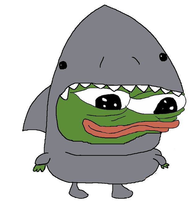 A cartoon image of Pepe the Frog wearing a gray shark costume, fitting the playful "gm" (good morning) greeting typically shared in crypto/Web3 communities.