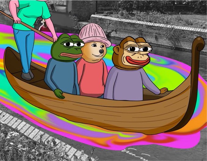 A colorful digital illustration features three anthropomorphic meme coin characters—Pepe the Frog, dogwifhat, and Ponke—riding together in a wooden canal boat along an Amsterdam waterway with psychedelic rainbow water. The post's "Trio Amsterdam Life" caption playfully frames the trio as tourists enjoying a quintessentially Dutch canal cruise together.
