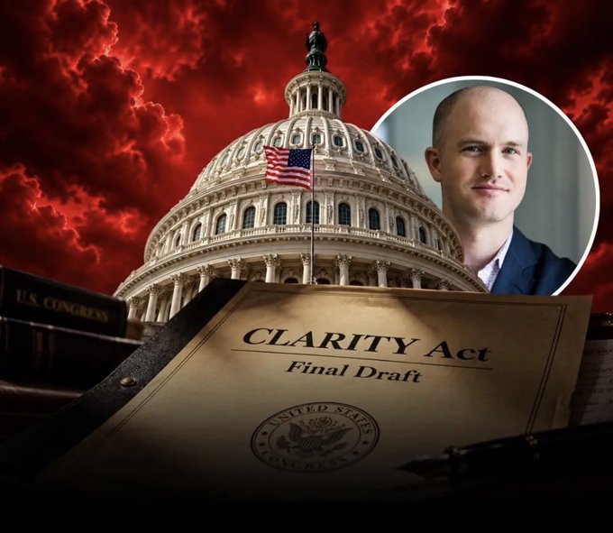 Dramatic illustration featuring the U.S. Capitol building under a red stormy sky, a document labeled 'CLARITY Act Final Draft,' and an inset portrait of a bald man in a suit.
