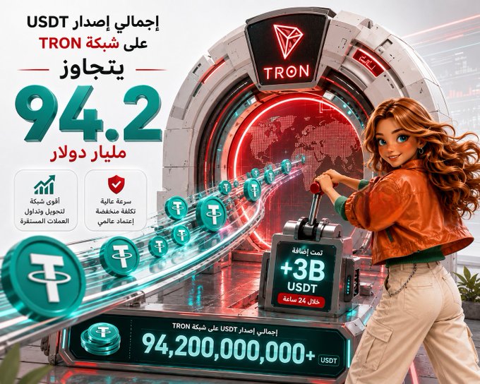 A promotional graphic showing that USDT supply on the TRON network has surged by $3 billion in 24 hours, surpassing a total of 94,200,000,000 USDT, illustrated by a woman operating a TRON-themed "treasury" machine dispensing Tether coins. The image visually reinforces the post's key data points: the 94.2 billion total and the 3 billion USDT added within a day.