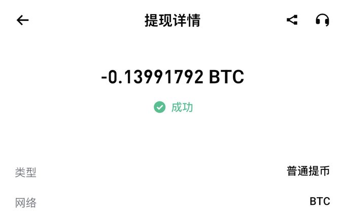 A Bitget withdrawal details screen shows a successful withdrawal of -0.13991792 BTC via the BTC network, displayed as a "普通提币" (normal withdrawal), confirming the smooth BTC withdrawal process mentioned in the tweet.