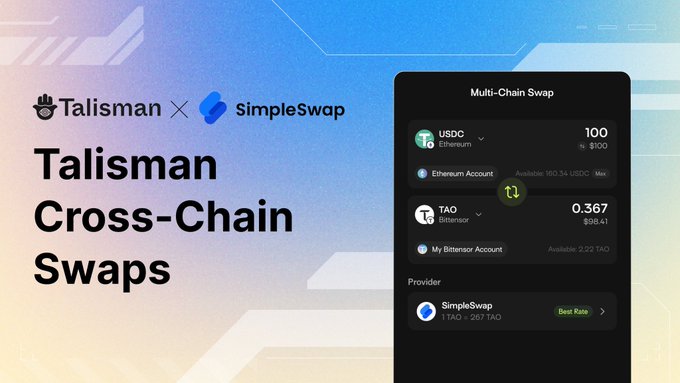 The image features a cell phone screen displaying an app interface for Talisman Cross-Chain Swaps, along with a small description. The main focus of this image appears to be on the app itself, rather than the content displayed in the bottom caption.