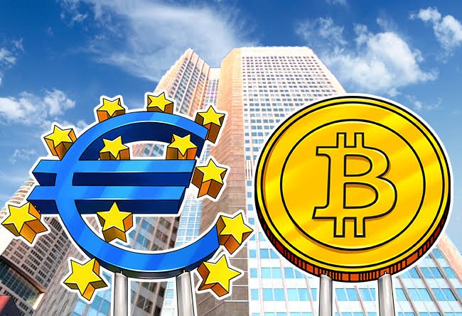 The image features a large Euro (€) symbol surrounded by stars alongside a golden Bitcoin (₿) coin, set against a backdrop of towering financial skyscrapers. This visual perfectly complements the news of the ECB bringing euros on-chain, symbolizing the clash between traditional fiat currency and cryptocurrency as central banks push back against stablecoins with tokenized solutions.