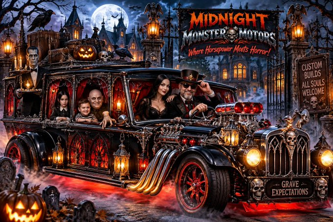 A spooky Halloween-themed illustration shows a 'MIDNIGHT MONSTER MOTORS' gothic hearse filled with vampire passengers, complete with skulls, jack-o'-lanterns, and signs reading 'CUSTOM BUILDS ALL SOULS WELCOME' and 'GRAVE EXPECTATIONS.'