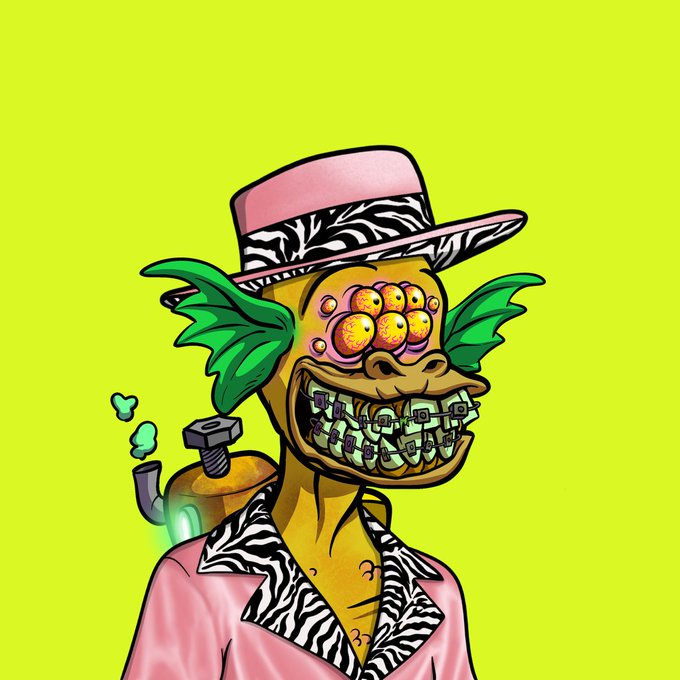 A colorful illustration of a grotesque, multi-eyed character wearing a pink hat and jacket with zebra-striped trim, featuring a pipe protruding from its shoulder.