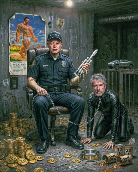The image features a painting of two men, one dressed as a police officer sitting in an office chair with chains around his neck, while the other man kneels next to him holding a chain. The painting also includes a dog that appears to be eating from a bowl on the floor. In the background, there is a poster advertising Bitcoin and another poster featuring a man with a chainsaw.